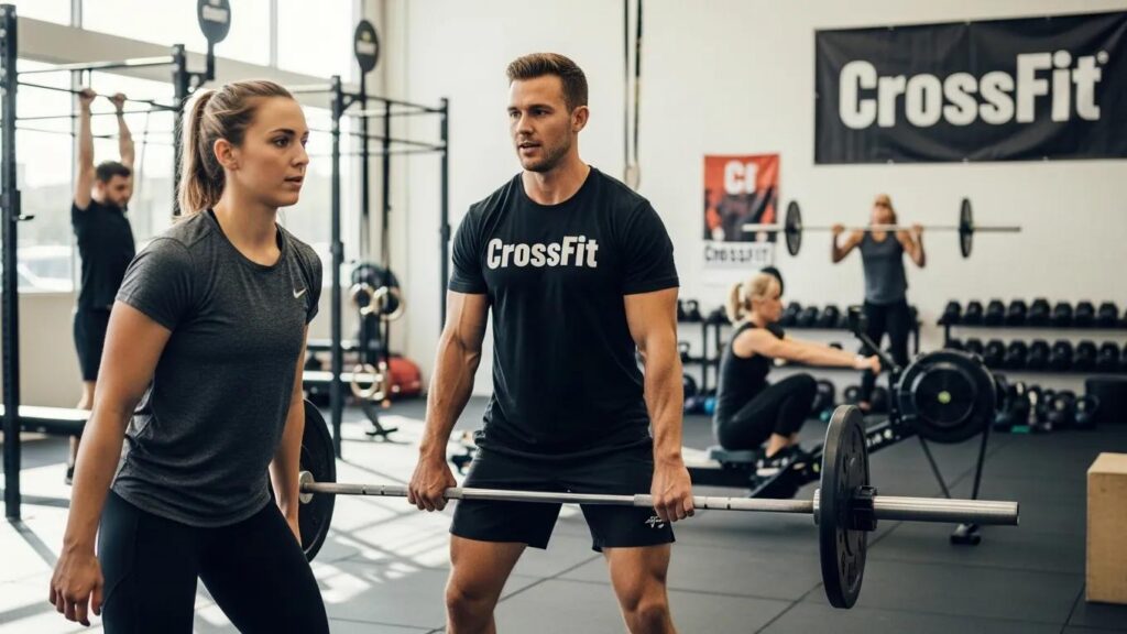 Certified CrossFit coach demonstrating proper weightlifting technique to a participant in a fitness studio, emphasizing personalized coaching and movement quality for effective training.