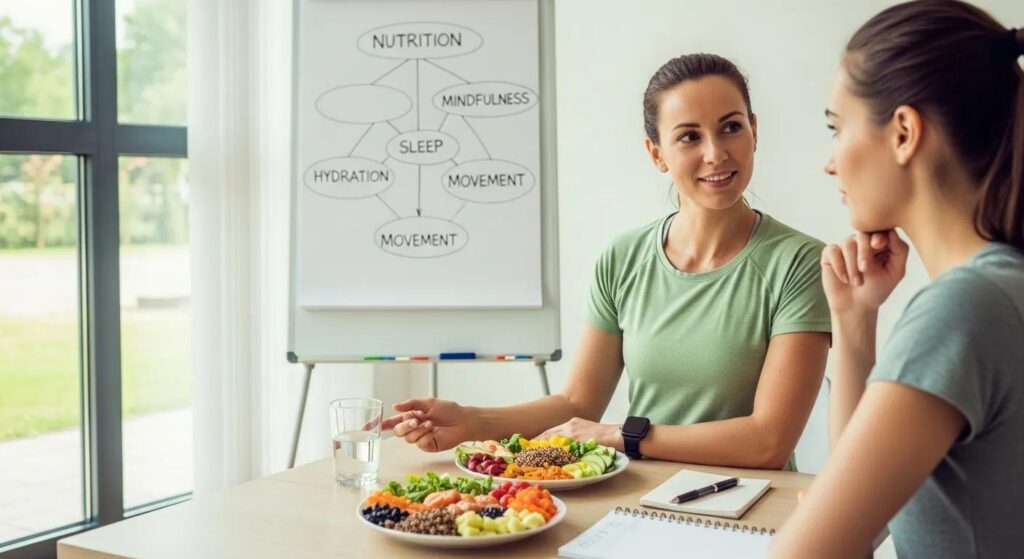 Personal trainer discussing holistic wellness strategies with a client, featuring plates of nutritious food and a whiteboard outlining nutrition, mindfulness, sleep, hydration, and movement.