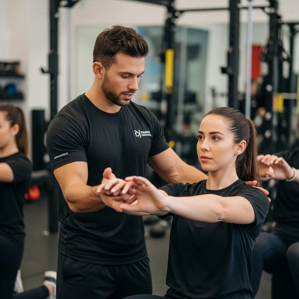 Fitness coach providing personalized guidance to a participant during a small group training session at Fit Lab Studios, emphasizing tailored workouts and community support.