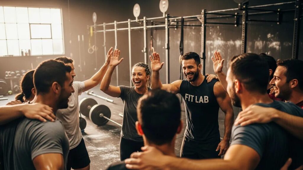 Group of CrossFit participants at Fit Lab Studios celebrating achievements, showcasing community support and motivation in a fitness environment.