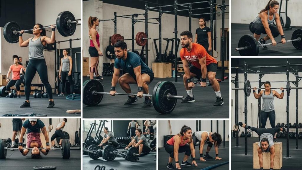 Group of diverse individuals engaged in functional fitness exercises during a CrossFit training session at Fit Lab Studios, showcasing strength training and community support.