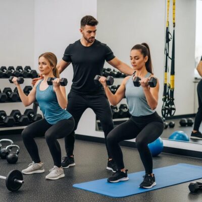 Personal trainer assisting two clients with squats using dumbbells in a fitness studio, emphasizing personalized training and small group sessions in Durham.