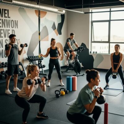 Small group training session in fitness studio with diverse participants and a coach, engaging in personalized workouts and strength training.