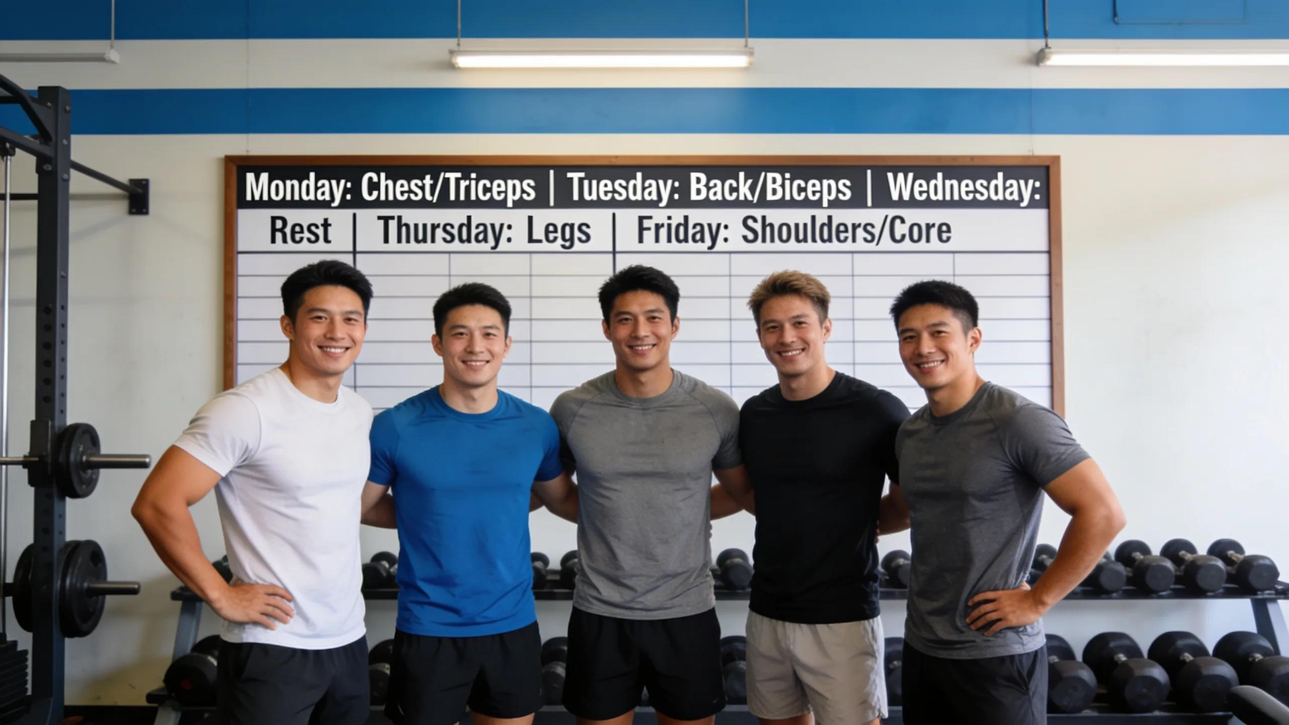 Five men smiling together in a gym setting, with workout schedule on the wall